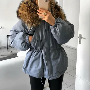 Kadın Kış Büyük Kürk İpli Ceketler Kapşonlu Sıcak Kadın Kırmızı Siyah Gevşek pamuklu ceket Orta Uzun Parkas Kadın Mont 2021
