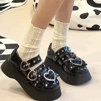 Kadın Lolita Ayakkabı 20222 Yay Kemer Tokası Yuvarlak Ayak Gotik Punk Ayakkabı Pompaları Platformu Yüksek Topuk Japon Harajuku Koyu Lolita