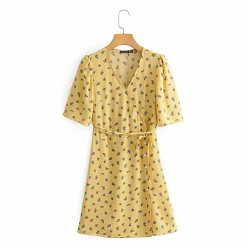 Kadın moda fransız tarzı sarı şifon mini elbiseler 2020 yaz plaj tarzı kısa kollu elbise frenulum femme elbiseler
