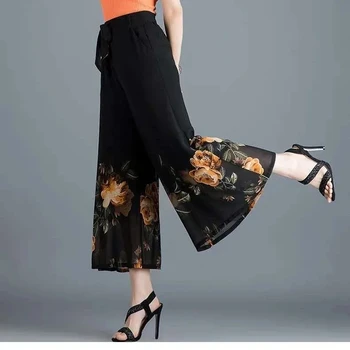 Kadın Pantolon bel kemeri Kadın Pantolon 2022 İlkbahar Yaz Kırpılmış Çiçek Culottes Gevşek Yüksek Bel Örtü Düz Bacak Anne Bl