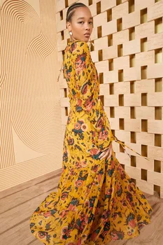 Kadın Retro Çiçek Baskı İpek Elbise Kabarcık Kollu Peri Büyük Salıncak bayan Mizaç uzun elbise