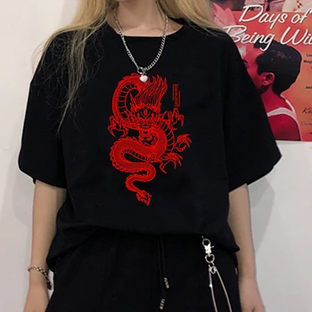 Kadın T-shirt Vintage Çin Ejderha Baskı Kısa Kollu Gömlek Kadın Streetwear Harajuku Yaz sıfır yaka bluzlar Kadın Giyim tees