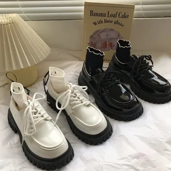 Kadın Tıknaz Mary Jane Ayakkabı Lolita Platformu Demonia Takozlar Flats Siyah Beyaz deri makosenler Harajuku Gotik Motosiklet Ayakkabı