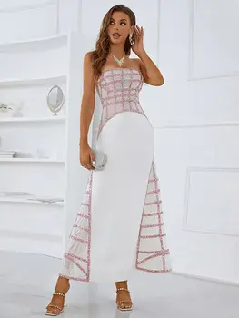 Kadın Yaz Seksi Backless Straplez Payetli Elmas Sparkly Beyaz Bodycon Bandaj Elbise 2022 Zarif Akşam Kulübü Parti Elbise