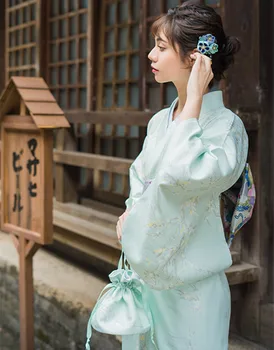 Kadın Yukata Geleneksel Japonya Kimono Elbise Fotoğraf Elbise Cosplay Kostüm Açık Yeşil Renk Ağaçları Baskılar Vintage Elbise