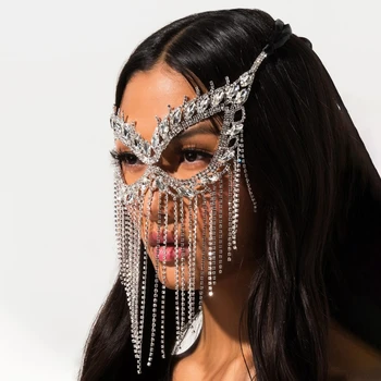 Kadın Yüz zinciri püskül Maske Metal Rhinestone kristal İnci peçe Etnik kalkan parti Masquerade Dans Sahne performansı
