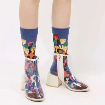 Kadın Çorap Orijinal Tasarım Kafa Karikatür Renk Kafes Kişiselleştirilmiş Moda kadın Orta Calcetines