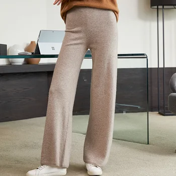 Kadınlar 100 % Saf Yün Pantolon Yeni Sonbahar Kış Yumuşak Mumsu Rahat Yüksek Bel Örme Pantolon Kadın 6 Renk Geniş Bacak Pantolon