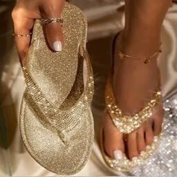 Kadınlar Kristal Flip Flop Kadın Bling Terlik 2022 kadın Rahat Açık Slaytlar Bayanlar Flats Kadın plaj ayakkabısı Artı Boyutu 43