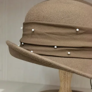 Kadınlar Kış Yün Cloche Şapka İnciler Bant Kova Şapka Messer Orta Ağız fötr şapka Şapka Kilise Elbise Derby Parti Melon Şapka