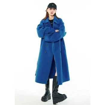 Kadınlar Mavi Uzun Ceket Hırka Lambhair Giyim Moda Bağbozumu Tembel Rüzgar Gevşek Kış Kadın Pamuk Kalınlaşmak sıcak tutan kaban