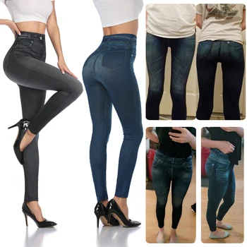 Kadınlar Push Up Tayt Moda Sahte Denim Kot Tayt Seksi Uzun Cep Baskı Zayıflama Leggins Yaz Rahat kalem pantolon