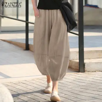 Kadınlar Vintage Katı Gevşek harem pantolon 2022 ZANZEA Yaz Elastik Bel Fener Pantolon Kadın Rahat Pantalon Boy Palazzo