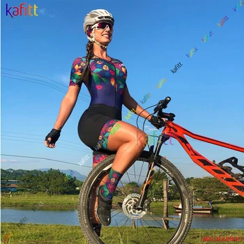 Kafitt kadın Çiçek Kısa Kollu Bisiklet Giyim Triatlon Skinsuit Setleri Macaquinho Ciclismo Feminino Bisiklet Tulum Kitleri 20D