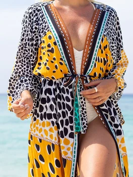 Kaplan Baskı Rayon Cover-up 2022 Gevşek Kaftan Elbise Ön Açık Plaj Kimono Tunik Plaj Pareo Mayo Cover Up Beachwear