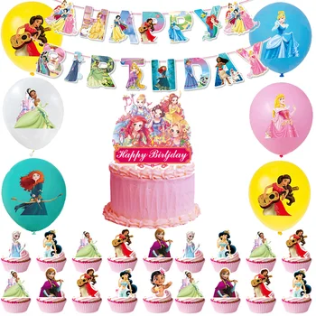 Karikatür Disney Prenses Parti Süslemeleri Mermaid Kar Beyaz Anna Elsa Afiş Kek Topper Balonlar Kız Doğum Günü Partisi Malzemeleri