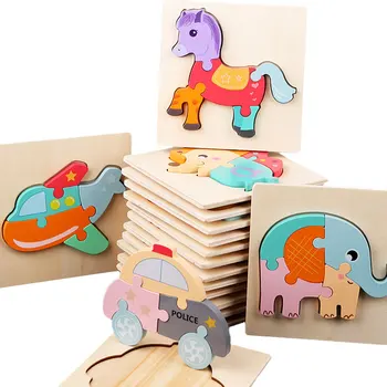 Karikatür Hayvanlar Montessori Bulmacalar Çocuklar İçin Eğitici 3D Ahşap Bulmaca Oyuncaklar Montessori Eğitici Oyuncaklar Çocuklar İçin 2-5 Yıl