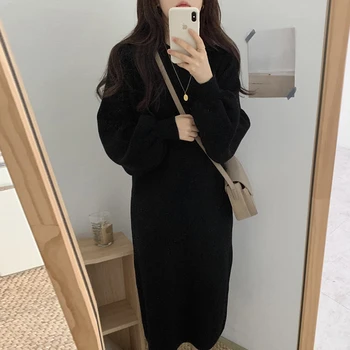 Katı Yeni Gevşek Elbiseler Kış Giyim Kadın Kazak Elbise Kadın Örme Sıcak Sonbahar 2022 Zarif Kalın Kore Vintage Vestido