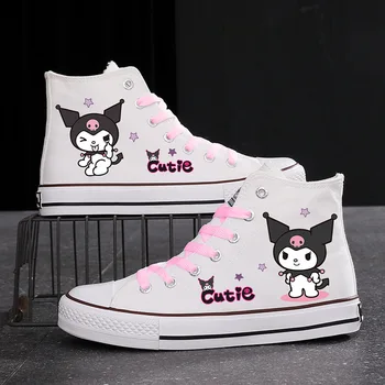 Kawaii Hello Kitty Yüksek Top tek ayakkabı Karikatür Sevimli Trend erkek ayakkabısı Kadın Ayakkabı Çift El Boyalı kanvas ayakkabılar Tatil Hediyeler