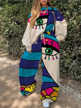 Kelebek Baskı Rahat Bağbozumu İnce Kazak İki Parçalı Set Kadın Hoodies Eşofman Streetwear bayan pantolonları Eşleşen Seti Sonbahar