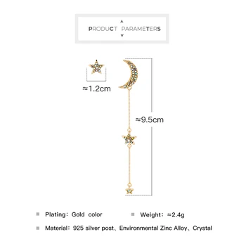 Kissme Narin Kristal Ay Yıldız damla küpeler Kadınlar İçin Asimetrik Uzun Dangle Küpe Altın Renk Alaşım moda takı 2022