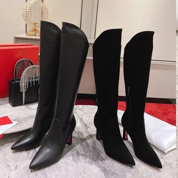 Klasik Tasarım Dana Derisi Süet Deri Topuklu Diz Çizmeler Kırmızı Alt Stiletto Sivri Burun Fermuar Çizmeler Seksi Kadın Elbise Ayakkabı