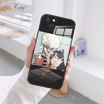 Komik Sevimli Kafatası Kılıfı iPhone 13 12 11 Pro Max 7 8 Artı 13 12 Mini XS Max X XR SE 2020 Siyah Temperli Cam Durumda