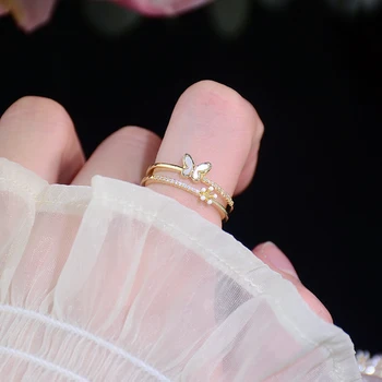 Kore Mizaç Küçük İçi Boş Kelebek Yüzük Kadınlar için İnci Çiçek Açık Tasarım Ayarlanabilir Yüzük Düğün Günlük Mücevher Hediye