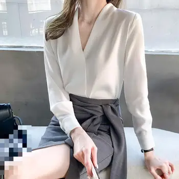 Kore Moda Beyaz Şifon Casual Gömlek Uzun Kollu V Yaka Resmi İş Elbisesi Kadın Bluz Elbise Xxl