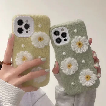 Kore Sevimli Örme Bulanık 3D Peluş Çiçek İnci Telefon Kılıfı için iPhone 14 11 12 13 Pro Max 14pro 13pro Kış Yumuşak Arka Kapak