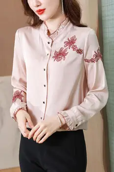 Kore Sonbahar İpek Uzun Kollu Kadın Gömlek SATEN Ofis Bayan Kadın Üstleri beyaz bluz Kadınlar Camisas De Mujer