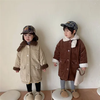Kore tarzı 2021 kış unisex çocuklar kalın kadife uzun tarzı mont 2-6 yıl çocuk iç berber Polar sıcak dış giyim ceket