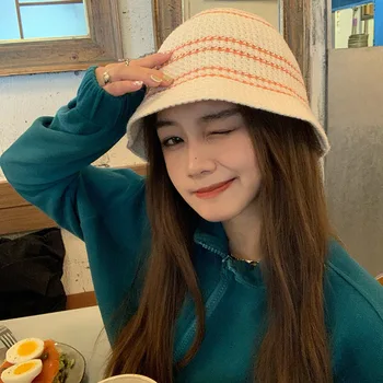 Korean Casual All-match Striped Knitted Hats for Women Color Matching Bucket Hat шапки женские зимние 2022