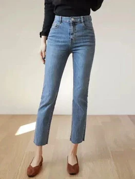 Kot Kadın Yüksek Bel Streetwear Ayak Bileği Uzunluğu Kot Pantolon Kapriler Sonbahar Moda yüksek streç Kadın Düz Bacak Kot vintage