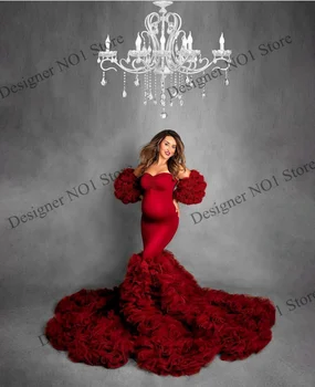 Koyu Kırmızı hamile elbisesi Fotoğraf Çekimi için kadın Mermaid balo kıyafetleri Ruffles Tren Abiye giyim vestido de novia