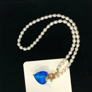 Kshmir 2021 Vintage barok tatlı su inci pembe / mavi / cam kalp kolye köprücük kemiği kısa kolye yeni genç kız takısı hediye