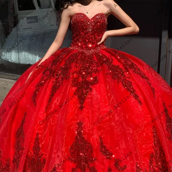 Kırmızı Balo Quinceanera elbise Örgün Balo Mezuniyet Törenlerinde Lace Up Prenses Tatlı 15 16 Elbise vestidos de 15 años