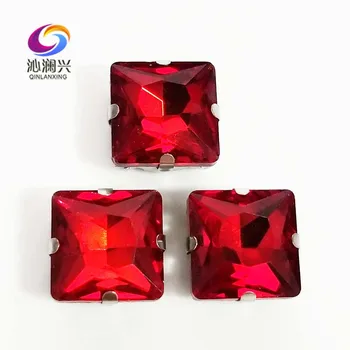 Kırmızı en kaliteli Cam Kristal taşlar dikmek, kare şekli pençe taklidi delikli, Diy / Giyim aksesuarı SWZ407