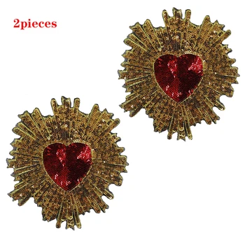 Kırmızı Kalp Çiçek Altın Sequins Demir Patche Dikiş İşlemeli Aplike Ceket Elbise Çıkartmalar Rozeti DIY Giyim Aksesuarları
