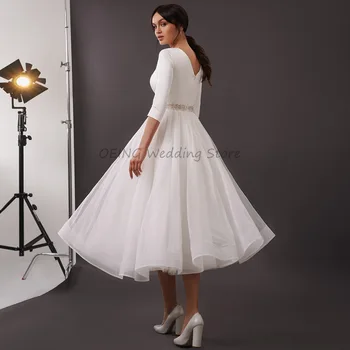 Kısa düğün elbisesi 2022 O Boyun 3/4 Kollu Bir Çizgi Midi gelinlik Beyaz Tül Çay Boyu Boncuklu Kemer Basit gelin elbiseleri