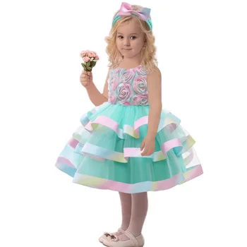 Kız Elbise Katlı Moda rincess Elbiseler Doğum Günü Giyim Noel Tatil Kostüm Bebek Parti Elbise 0-6 yıl Katlı Rozet