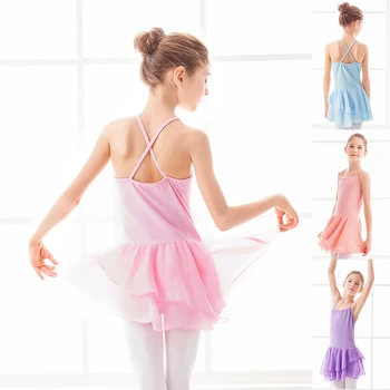 Kız Çocuk Bale Mayoları Kolsuz Bale Elbise Kaşkorse Çapraz Kayış Jimnastik Leotard Şifon Etek Kostüm Giyim