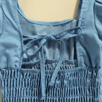 Kızlar Kısa Kollu Kare Yaka Eğlence Kıyafetleri Yeni Yenidoğan Bebek Yürümeye Başlayan Yaz Rahat Dar Elbise Mavi Düz Renk