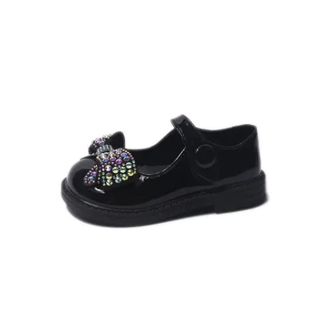 Kızlar Mary Janes deri ayakkabı Çocuklar Flats Siyah Bej Glitter Yay-düğüm Taklidi İnciler Prenses Tatlı Çocuk okul ayakkabısı