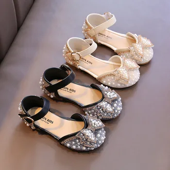 Kızlar Prenses Sandalet 2022 Yaz Yeni Bebek İnci Rhinestones Yay tek ayakkabı Moda kaymaz Düz çocuk ayakkabı E963