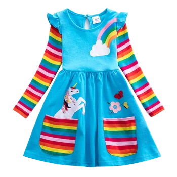Kızlar uzun kollu elbise işlemeli yeni sonbahar cep kollu gökkuşağı pamuklu elbise dış giyim parti çocuk elbise 81035