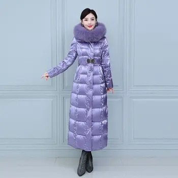 Kış Diz Üzerinde Uzun Su Geçirmez Ördek Aşağı Palto Kadın Kalın Sıcak Parlak Parlak Kürk Palto Gerçek Tilki Kürk Kapşonlu Parkas F2246