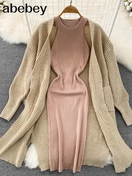 Kış İki Adet Takım Elbise Uzun Kollu Örme Uzun Hırka Ceket + Katı Elastik Elbise Fransız Tarzı Rahat 2 Parça Set Kıyafetler