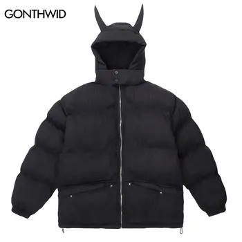 Kış Kapüşonlu Ceket Parkas Streetwear Düz Renk Şeytan Boynuzları Kalınlaşmak Sıcak Kabarcık Yastıklı Mont Harajuku Moda Kirpi Dış Giyim