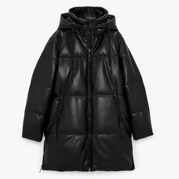 Kış kapüşonlu parka Yastıklı PU parka kadın Suni deri ceket kadın gevşek fermuar palto rahat sıcak uzun palto 2021